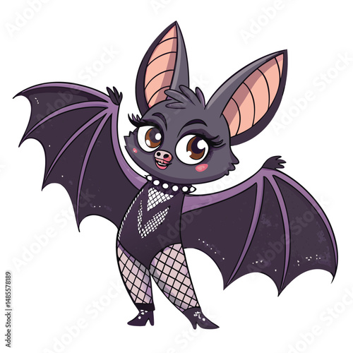 Create a whimsical cartoon bat wearing dramatic eyeliner, fishnet gloves, and a sassy expression.  Include detailed textures.