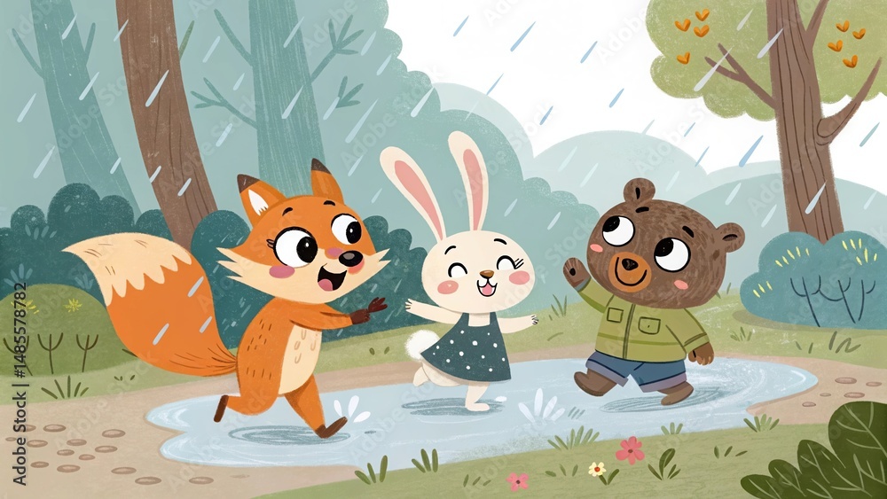 Naklejka premium Animals Playing in Rain Puddle