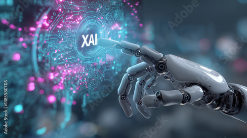 Robotic hand reaching out to touch glowing XAI explainable AI hologram, surrounded by neural networks and schematic data layers, futuristic AI interface