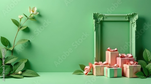 Pastel Presents and Blooming Branches Beside an Ornate Frame Against a Soft Green Background