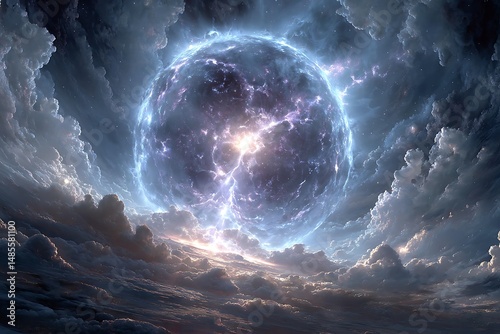 Celestial sphere amidst swirling cloudscape fantasy photo