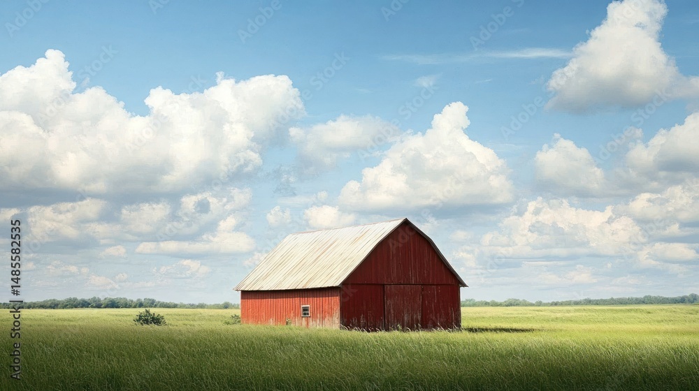 Fototapeta premium Serene Countryside: Red Barn Under a Summer Sky