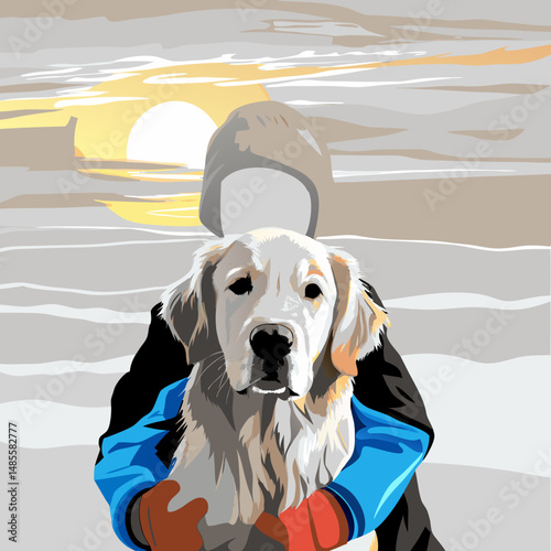 Heartwarming flat vector of a Golden Retriever hugging a child with a warm sunset background, perfect for emotional and family-themed design projects.