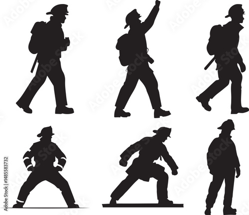 Full Body Firefighter Silhouettes Vector Set
