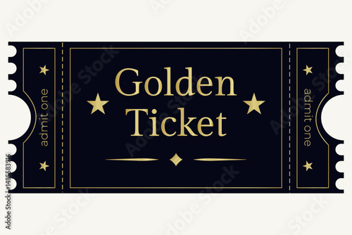 Golden ticket for cinema, wedding, theater, festival, on white background, stars, gold, ticket, sample, graphic element