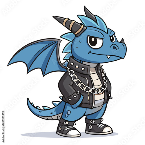 Create a cute chibi dragon wearing stylish streetwear armor, adorned with silver chains and edgy details.  The dragon should have a playful expression.