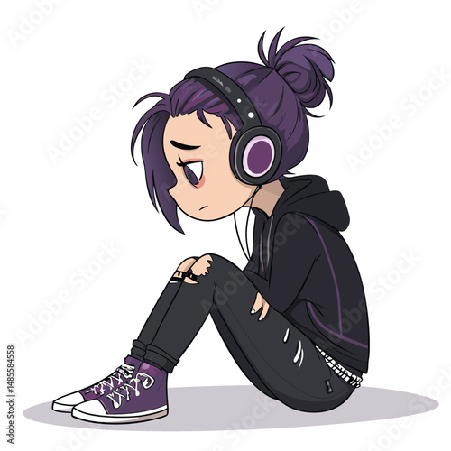 A cute chibi emo girl, black hair, pale skin, sits alone, wearing headphones, listening to music, melancholic expression, dark clothing.