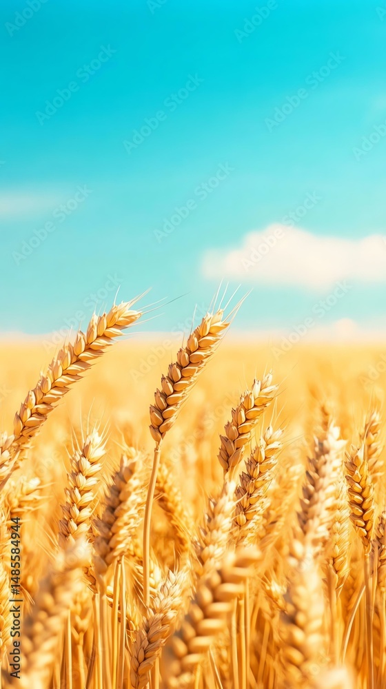 Fototapeta premium A vibrant field of golden wheat swaying gently under a clear blue sky, showcasing nature's beauty and the bountiful harvest ready for collection.
