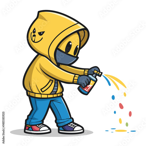 A cute chibi character, graffiti artist, sprays vibrant, colorful tags on a brick wall.  The style is playful and energetic.