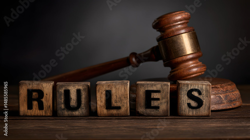 A wooden gavel and blocks spelling 'RULES' sit on a rustic table, symbolizing law and order.