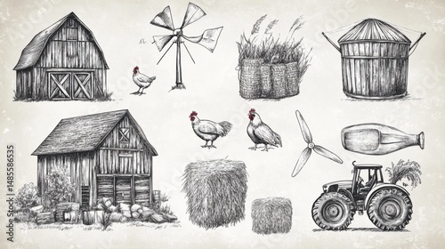 Farm Elements Illustration: Barns, Chickens, and Agricultural Equipment