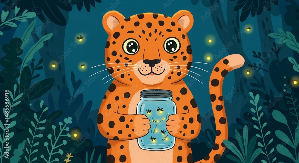 Naklejka premium Friendly leopard with firefly jar in forest