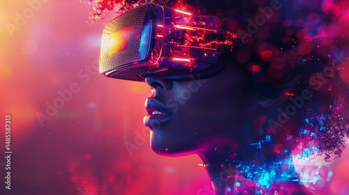 Woman Experiencing Immersive Virtual Reality Headset Technology Futuristic Metaverse