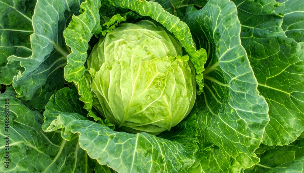 Fototapeta premium Healthy Food Background, Texture - A vibrant green cabbage growing in a field, surrounded by large textured leaves. Water droplets highlight the intricate patterns and veins on the surface.