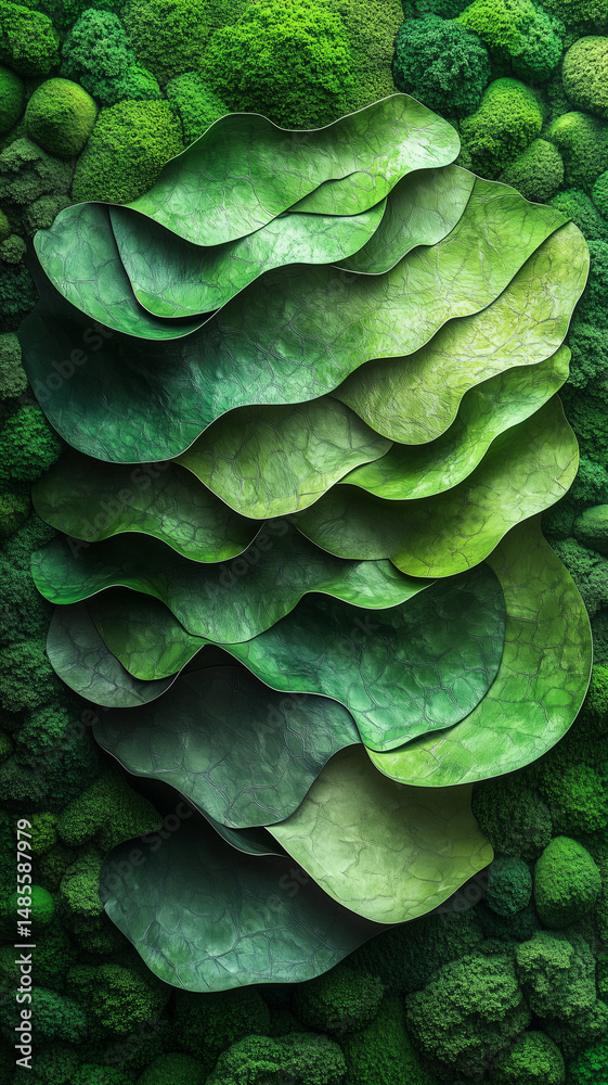 Naklejka premium Elegant ial moss wall with dynamic modern patterns, showcasing vibrant green layers that evoke sense of tranquility and nature