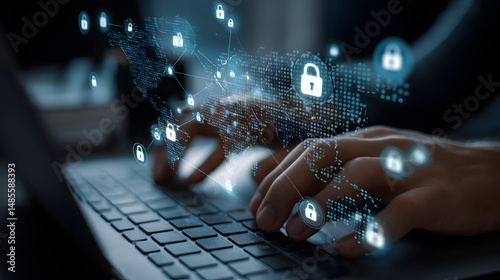 A close-up of a person using a laptop, showcasing cybersecurity with digital lock icons overlaid on a global map.
