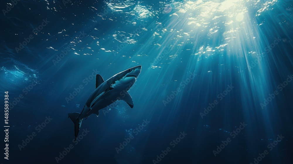 Obraz premium Great White Shark Swimming Under Ocean Surface