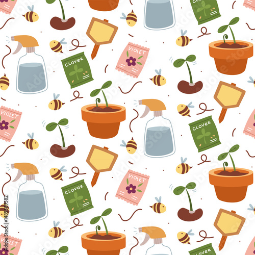 pattern of planting indoor plants. Clay pot, spray bottle, bee, sprout, seeds, plaque. Planting plants. Texture of color illustrations. Suitable for postcards, prints, blog design, children's books