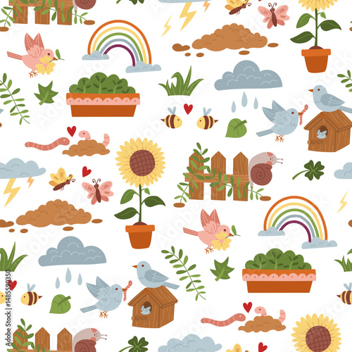pattern of flat color illustrations, spring weather. Spring blooming, devotion to nature, love for animals. Cute illustrations in texture. Seamless with natural motifs, environmental projects