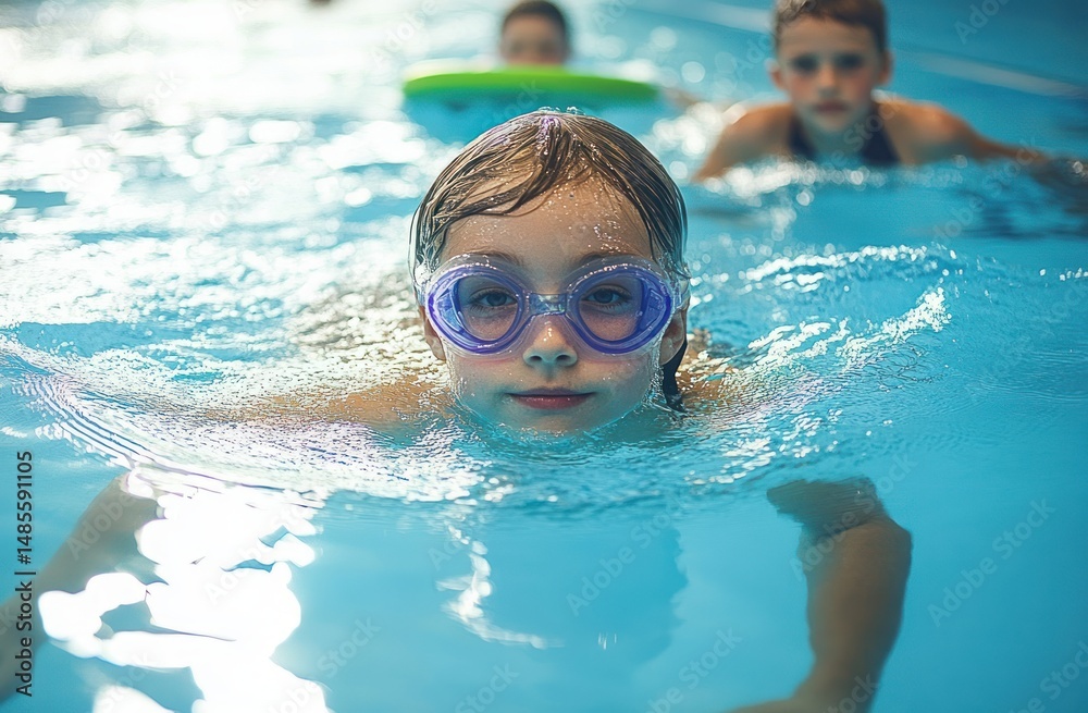 Naklejka premium Young child with swimming goggles swimming in a pool with other children in the background during a swim lesson or playtime