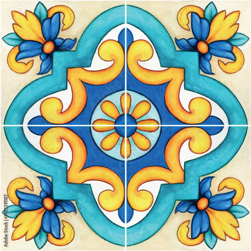 Watercolor hand drawn italian mediterranean tiles