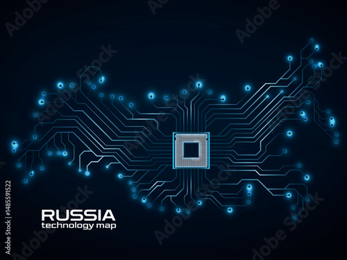 Abstract Russia map with cpu. Circuit board. Technology background. Vector illustration