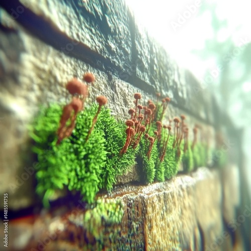 Moss thrives on a weathered stone wall in a serene environment, showcasing nature’s resilience and beauty during a calm morning