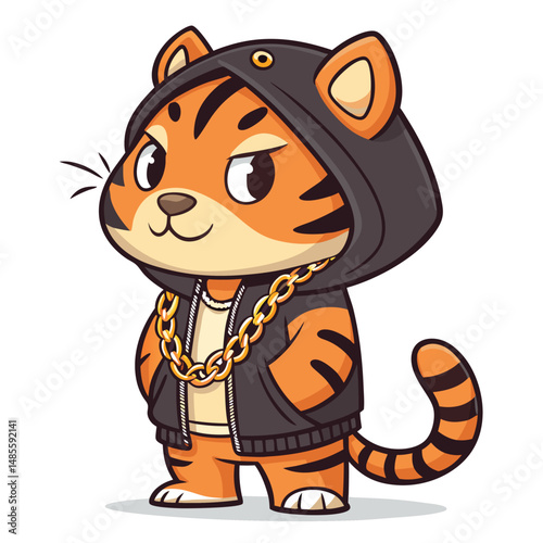 Create a cute chibi tiger wearing a stylish street-style hoodie and a gold chain, exhibiting a playful ora.  High-quality, vibrant colors.