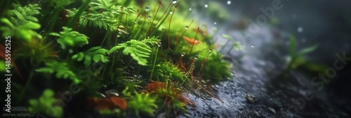 Moss thrives on a stone surface, showcasing vibrant greenery in a damp environment underneath soft light