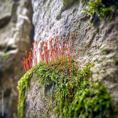 Moss flourishes on a rugged stone surface, showcasing its vibrant orange spore structures amidst a beautifully natural surroundings