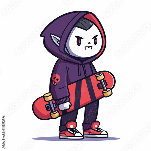 Create a cute chibi illustration of a vampire skater wearing a stylish streetwear hoodie.  Include vibrant colors and a playful expression.