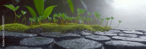 In the tranquil early morning light, vibrant moss thrives on the rugged surface of textured stones amidst a serene forest landscape