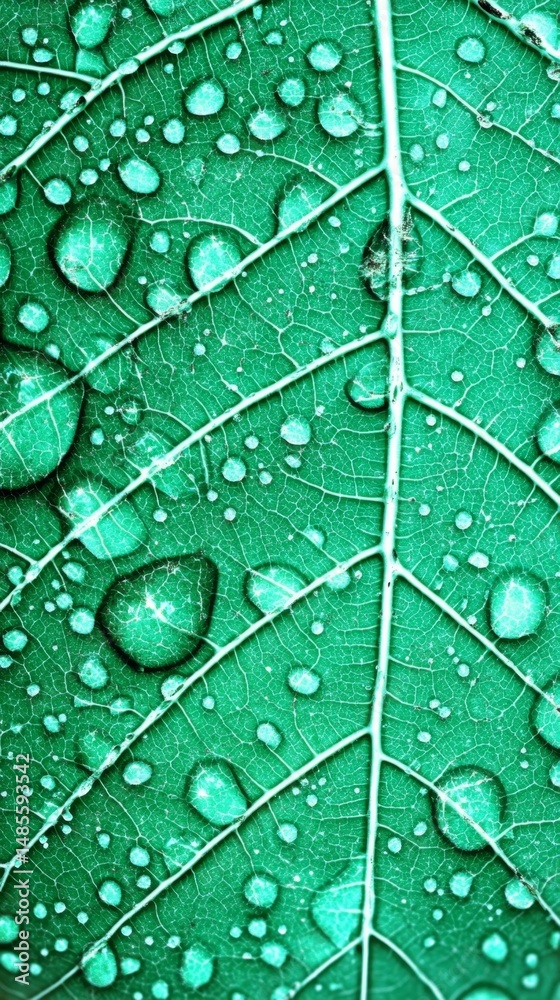 Fototapeta premium Detailed view of a leaf with water droplets captured under a microscope showcasing intricate textures and structures