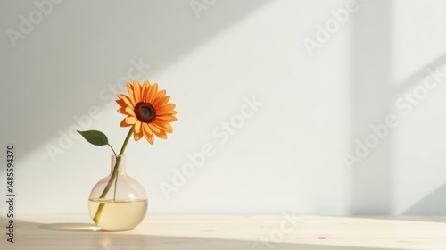 A single orange flower in a clear glass vase sits on a light wood surface, bathed in soft sunlight casting delicate shadows against a minimalist backdrop