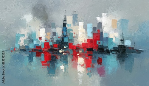 Abstract cityscape, a vibrant portrayal of city blocks, rendered in bold colors and textured brushstrokes, reflecting on a still water surface photo