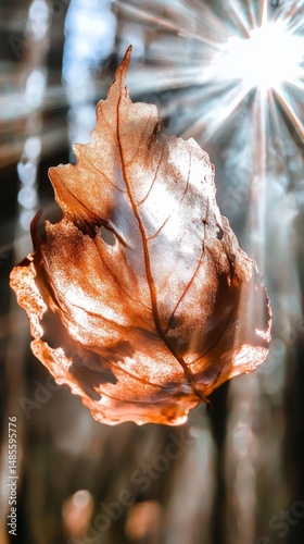 Sunlight shining through a delicate leaf in the forest highlighting the beauty of nature during a hot afternoon