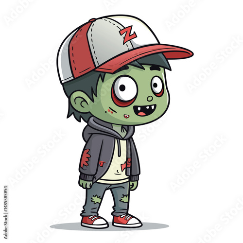 Create a cute chibi illustration of a zombie child wearing a backwards snapback hat and a torn hooded sweatshirt.  Focus on adorable, slightly decayed features.