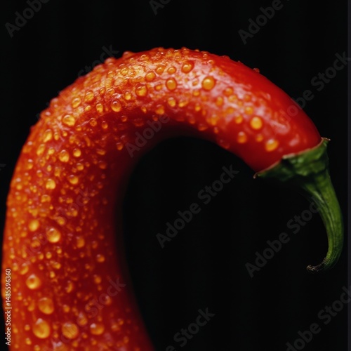 Close-up view of a vibrant red chili pepper showing droplets of water on its skin, highlighting its texture and color contrasts against a dark background