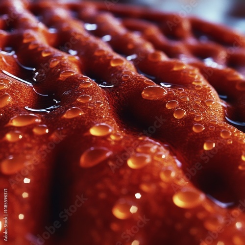 A close-up perspective reveals the strikingly vibrant skin of a chili pepper, highlighting its rich texture and natural moisture