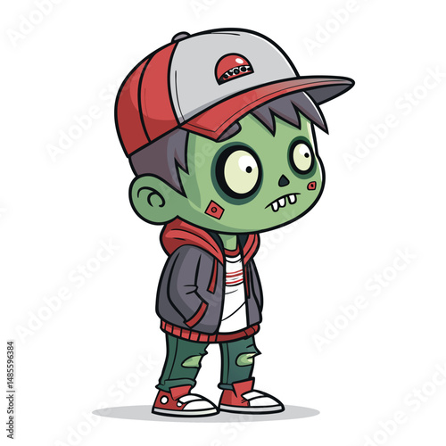 Create a cute chibi illustration of a zombie child wearing a backwards snapback hat and a ripped hoodie; emphasize adorable features despite the undead theme.