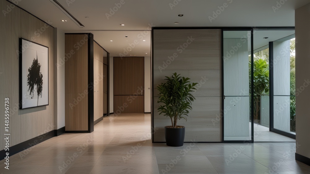 Modern, minimalist hallway with a view of a garden. Modern, minimalist hallway with a view of a garden.