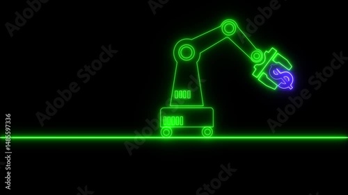 INDUSTRY 4.0 concept. Smart manufacturing smart green color ,technology video ,technology in business. Glowing neon line of robot for business icon isolated on transparent background. photo