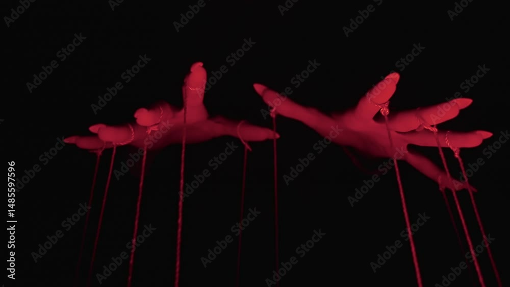 Red Light Hands with Strings in Dark Background