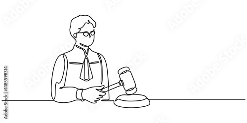 continuous single line drawing of a judge with a gavel and a pedestal, line art vector illustration, Continuous Line Drawing of Judge Icon. Hand Drawn Symbol Vector Illustration, male auctioneer stand