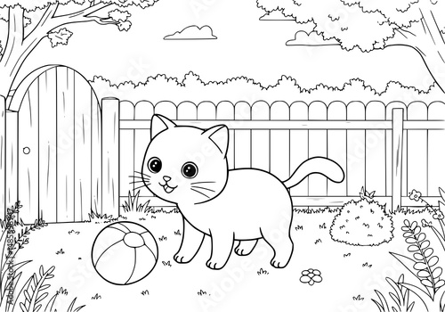 coloring page of a cat playing ball