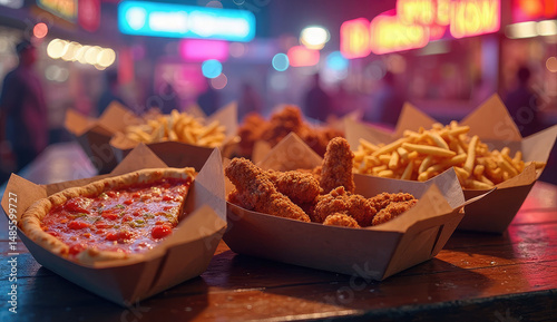 Delicious Food Truck Fare: Pizza, Fried Chicken, and Fries at Night