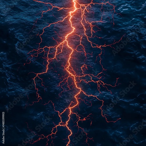 A breathtaking spectacle unfolds as a vivid lightning bolt flashes across the darkened sky, illuminating the ocean's surface during a turbulent stormy night