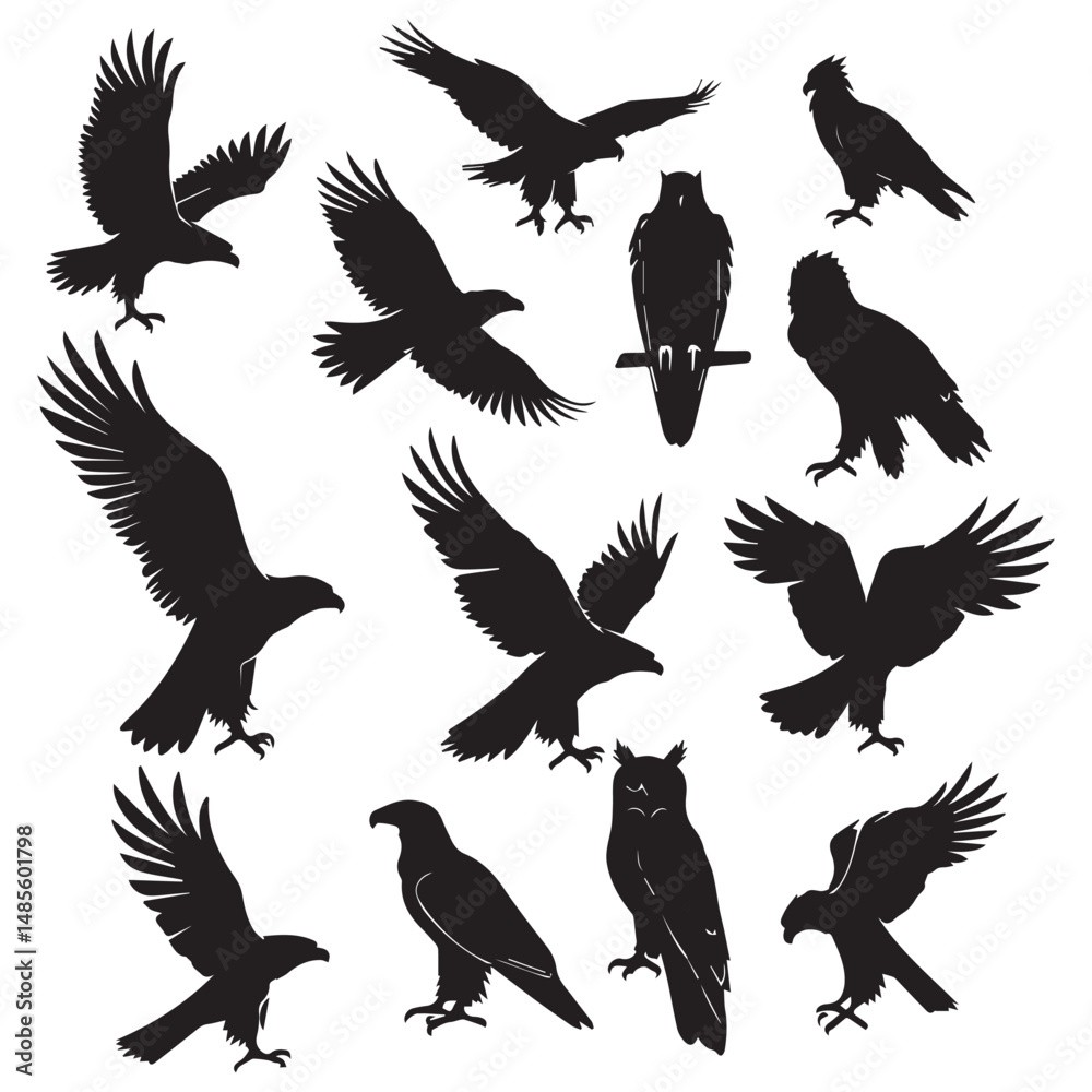Naklejka premium Set of black bird' vector icon silhouettes isolated on white background