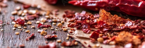 A vibrant blend of cracked chili pepper highlights an exquisite combination of light and dark spices, artfully displayed on a rustic natural wood surface