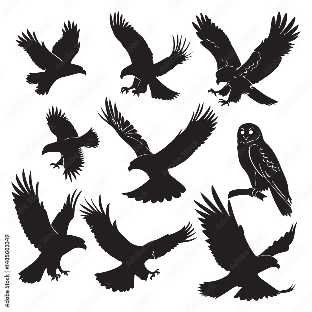 Obraz premium Set of black bird' vector icon silhouettes isolated on white background